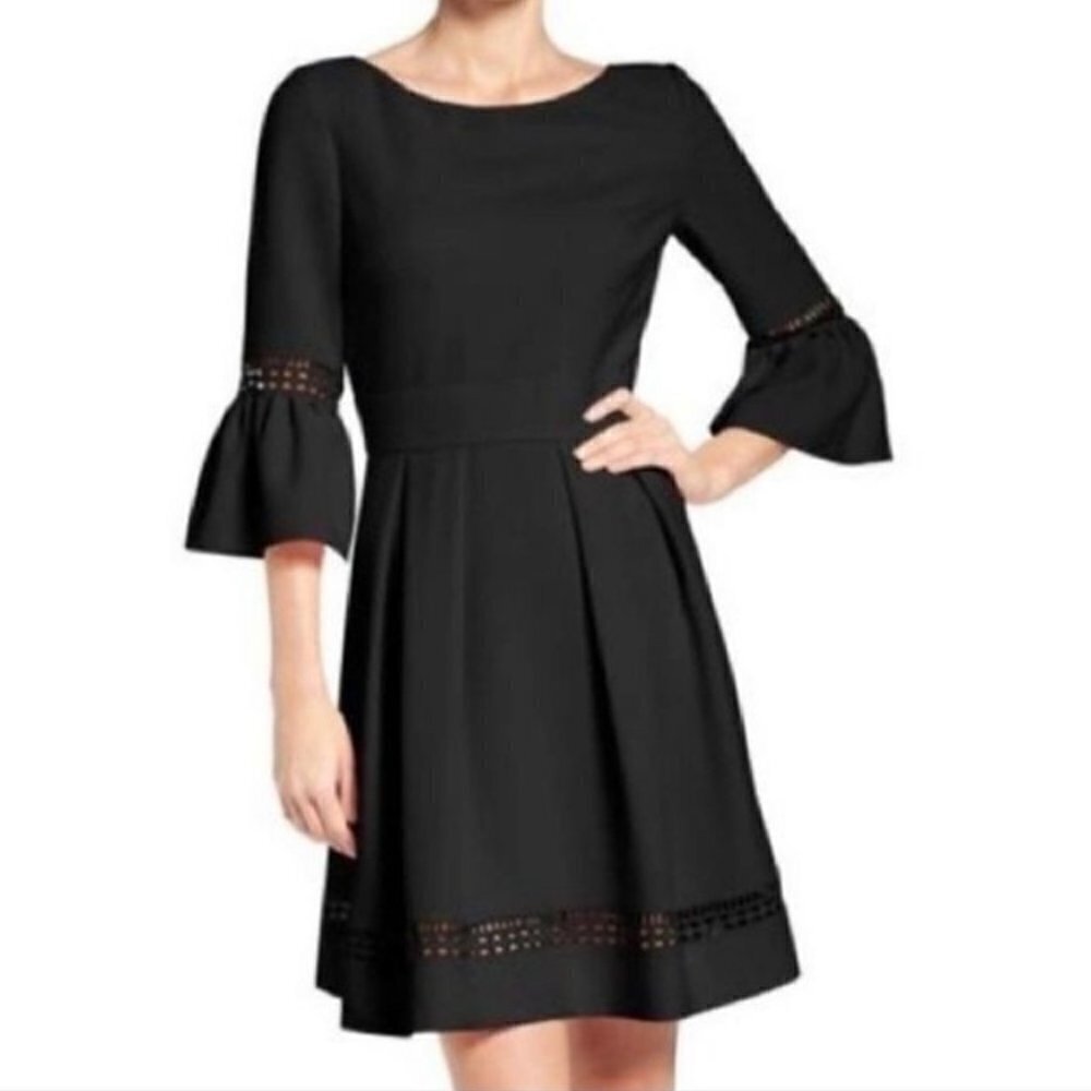 Eliza J Bell Sleeve Black Fit and Flare Pleated Eyelet Detail Dress Size 10